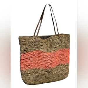 Michael Stars Woven Straw Tote Bag with Coral Stripe